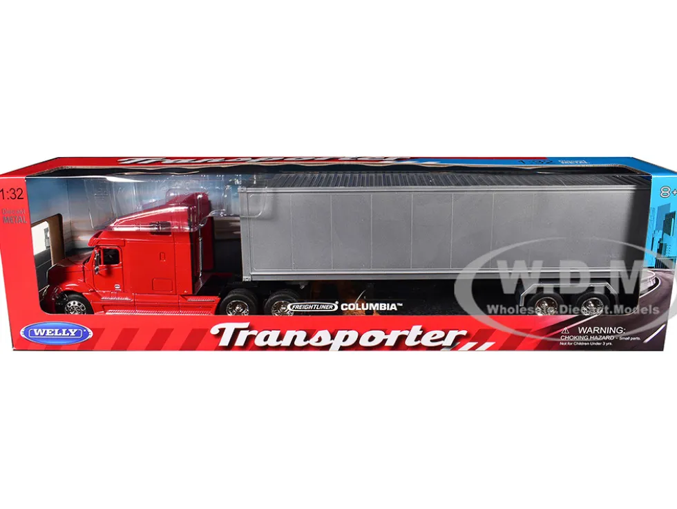 Freightliner Columbia Truck Red with Gray Container 1/32 Diecast Model by Welly