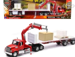Freightliner 114SD Flatbed Truck with Crane Red with Accessories Long Haul Trucker Series 1/32 Diecast Model New Ray 10993