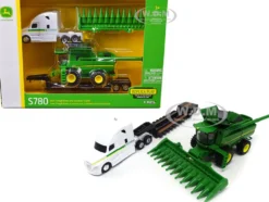 Freightliner Tractor White Lowboy Trailer John Deere S780 Wheeled Combine Corn Head Set 3 pieces 1/64 Diecast Models ERTL TOMY 45656