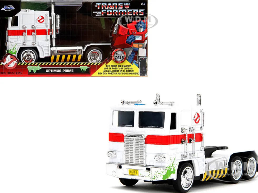 G1 Autobot Optimus Prime Truck White with Robot on Chassis from "Transformers" TV Series - "Ghostbusters" (1984) Movie Crossover "Hollywood Rides" Series Diecast Model by Jada