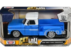 1966 GMC C1000 Fenderside Pickup Truck Lowrider Blue with White Top Get Low Series 1/24 Diecast Model Car Motormax 79035bl