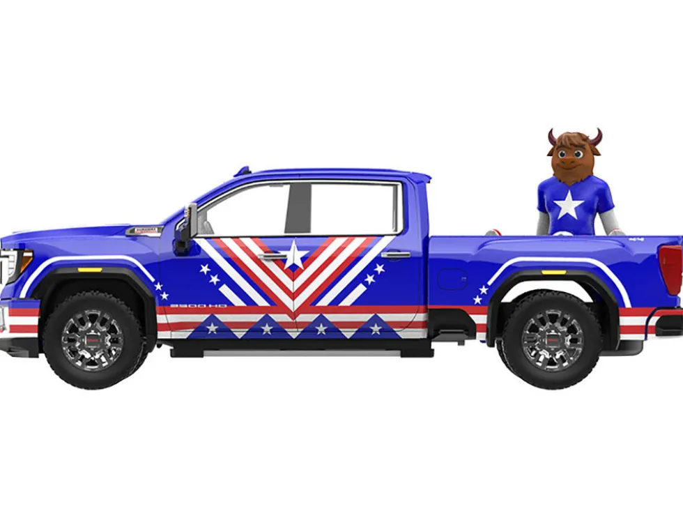 2022 GMC Sierra 3500 HD Pickup Truck Blue with American Soccer Graphics with Bison Figure "International Soccer Celebration '26" Series 1/64 Diecast Model Car by Greenlight