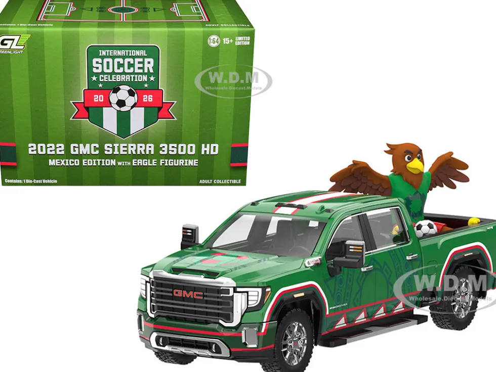 2022 GMC Sierra 3500 HD Pickup Truck Green with Mexican Soccer Graphics with Eagle Figure "International Soccer Celebration '26" Series 1/64 Diecast Model Car by Greenlight