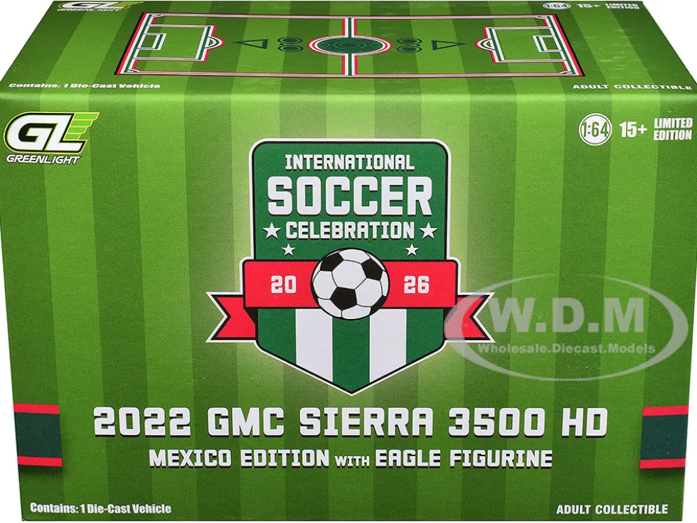2022 GMC Sierra 3500 HD Pickup Truck Green with Mexican Soccer Graphics with Eagle Figure "International Soccer Celebration '26" Series 1/64 Diecast Model Car by Greenlight