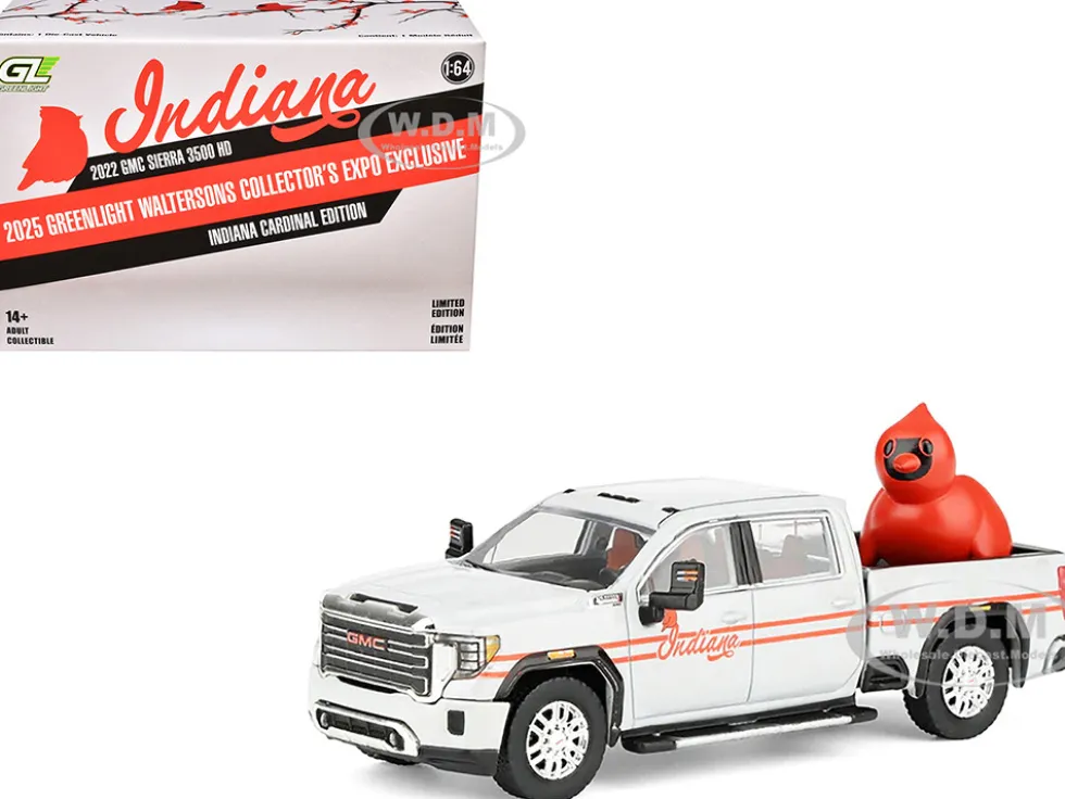 2022 GMC Sierra 3500 HD Pickup Truck "Indiana Cardinals" Silver Metallic with Red Stripes and Cardinal Figure "2025 Greenlight Waltersons Collector's Expo Exclusive" 1/64 Diecast Model Car by Greenlight