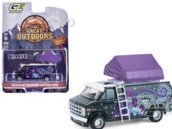 1978 GMC Vandura Custom Van Black with Wizard Graphics and White Top with Camp'otel Cartop Sleeper Tent "The Great Outdoors" Series 4 1/64 Diecast Model Car by Greenlight