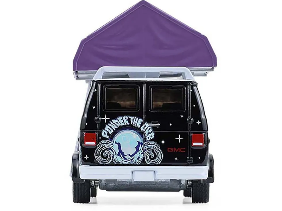 1978 GMC Vandura Custom Van Black with Wizard Graphics and White Top with Camp'otel Cartop Sleeper Tent "The Great Outdoors" Series 4 1/64 Diecast Model Car by Greenlight