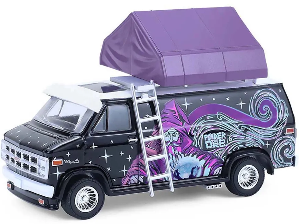 1978 GMC Vandura Custom Van Black with Wizard Graphics and White Top with Camp'otel Cartop Sleeper Tent "The Great Outdoors" Series 4 1/64 Diecast Model Car by Greenlight