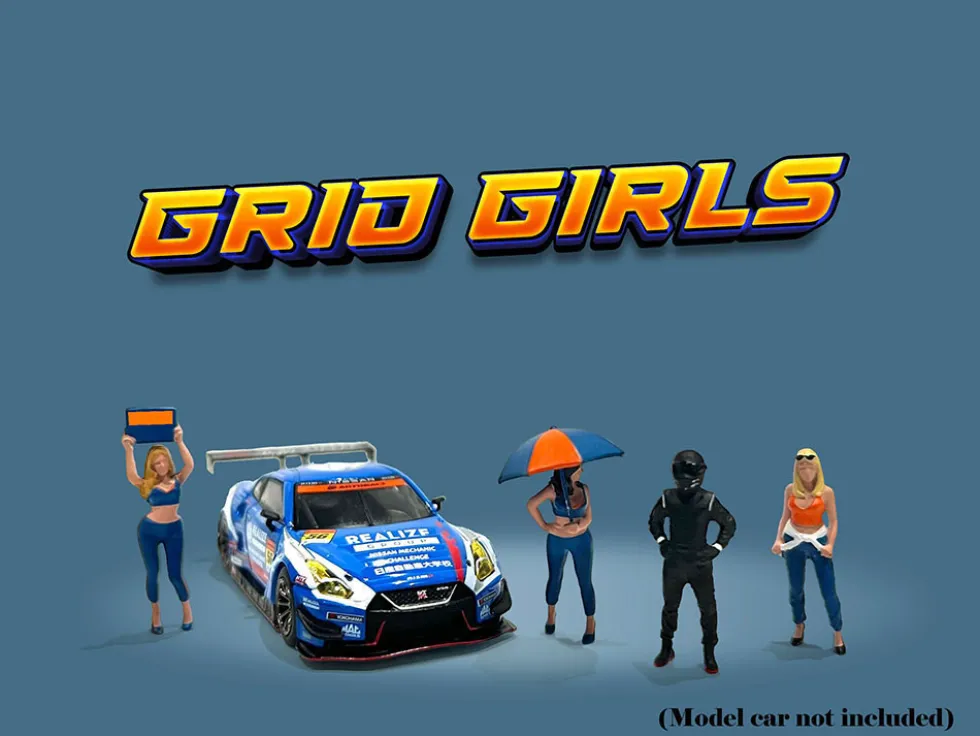 Grid Girls 5 piece Diecast Figure Set (4 People Figures, 1 Umbrella) Limited Edition to 3600 pieces Worldwide for 1/64 Scale Models by American Diorama