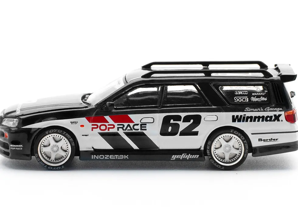 GT-R Stagea RHD (Right Hand Drive) #62 "Simon's Garage" Black with White Sides 1/64 Diecast Model Car by Pop Race
