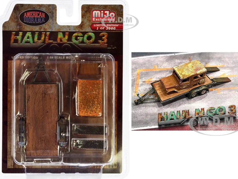 Haul N Go 3 4 piece Diecast Model Set 1 Flatbed Trailer 1 Abandoned Car 2 Ramps Limited Edition to 3600 pieces Worldwide for 1/64 Scale Models American Diorama AD-76522MJ