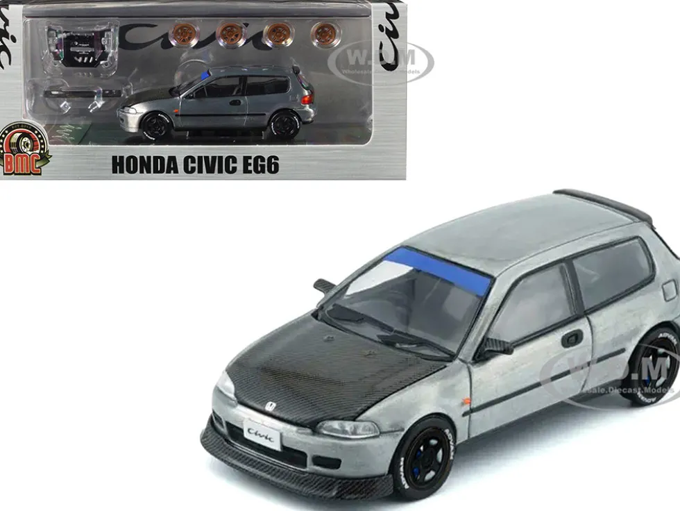 Honda Civic EG6 RHD (Right Hand Drive) Raw Metal with Carbon Hood with Alternates 1/64 Diecast Model Car by BM Creations