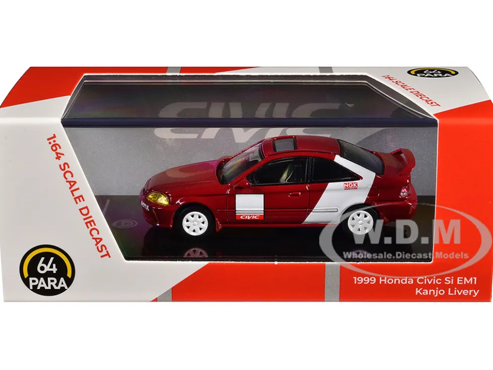 1999 Honda Civic Si EM1 "Kanjo Livery" Red with White Stripes 1/64 Diecast Model Car by Paragon Models