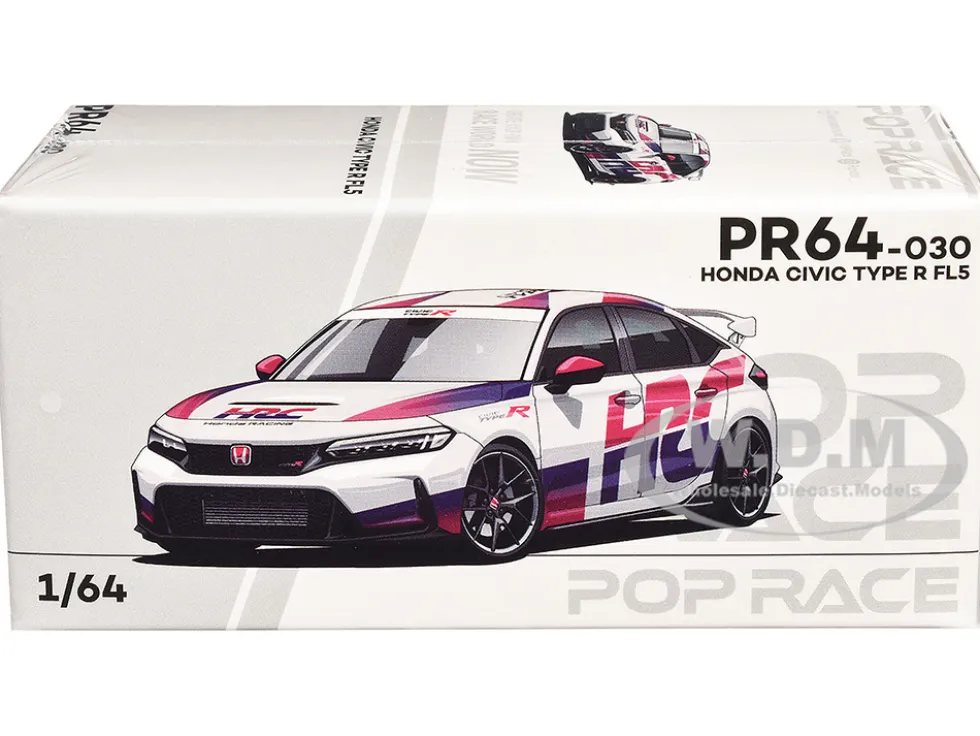 Honda Civic Type R FL5 "HRC - Honda Racing" White with Graphics 1/64 Diecast Model Car by Pop Race