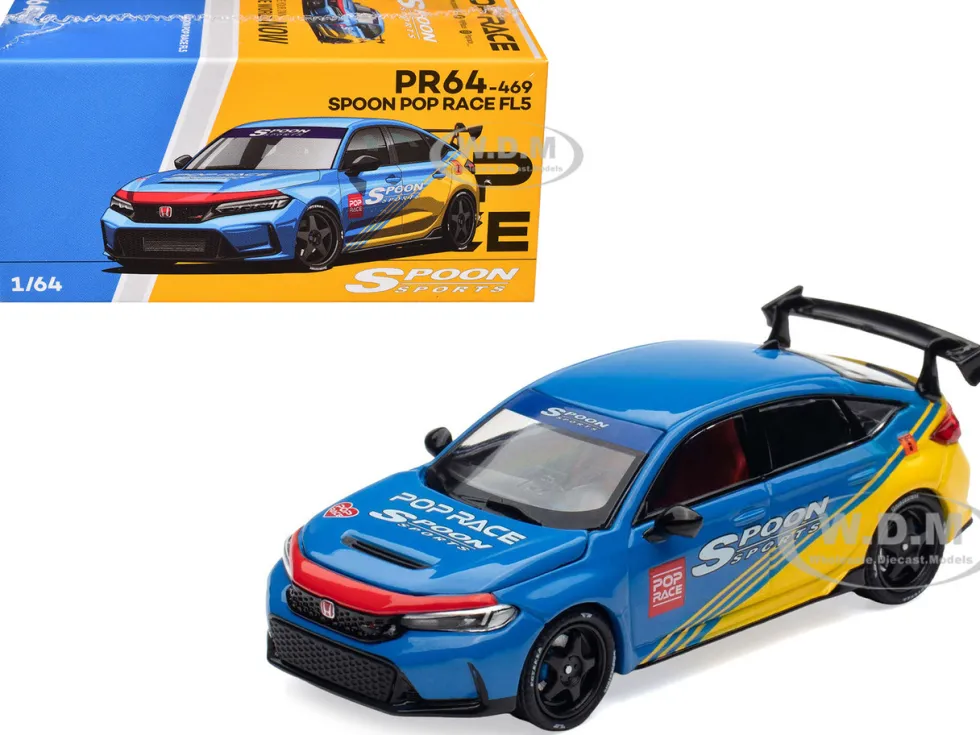 Honda Civic Type R FL5 "Spoon Sports" Blue and Yellow "Tokyo Auto Salon - Hong Kong 2025" 1/64 Diecast Model Car by Pop Race