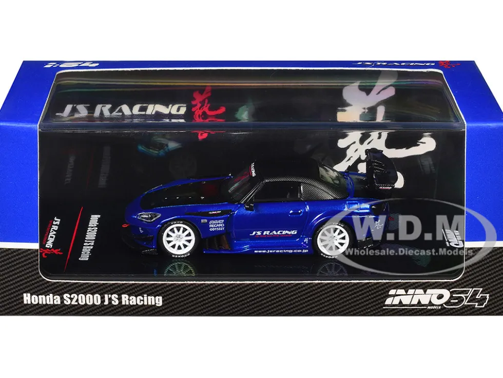 Honda S2000 RHD (Right Hand Drive) "J's Racing" Blue Metallic with Carbon Hood and Top 1/64 Diecast Model Car by Inno Models