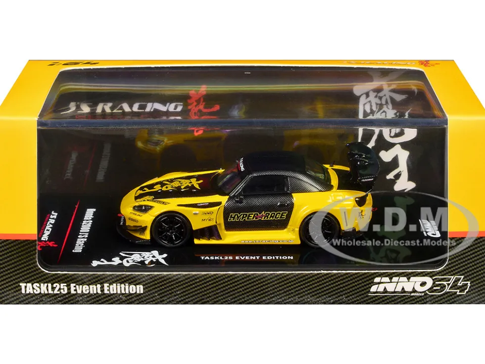 Honda S2000 RHD (Right Hand Drive) "J's Racing" Yellow with Carbon Hood and Top with Graphics "Tokyo Auto Salon Kuala Lumpur 2025 Event Edition" 1/64 Diecast Model Car by Inno Models