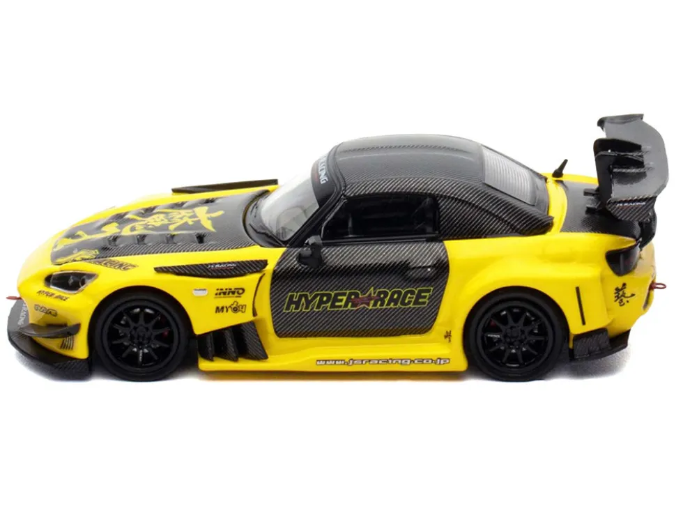 Honda S2000 RHD (Right Hand Drive) "J's Racing" Yellow with Carbon Hood and Top with Graphics "Tokyo Auto Salon Kuala Lumpur 2025 Event Edition" 1/64 Diecast Model Car by Inno Models