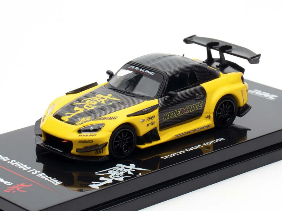 Honda S2000 RHD (Right Hand Drive) "J's Racing" Yellow with Carbon Hood and Top with Graphics "Tokyo Auto Salon Kuala Lumpur 2025 Event Edition" 1/64 Diecast Model Car by Inno Models