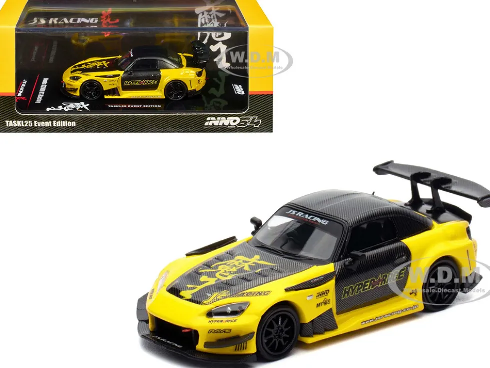 Honda S2000 RHD (Right Hand Drive) "J's Racing" Yellow with Carbon Hood and Top with Graphics "Tokyo Auto Salon Kuala Lumpur 2025 Event Edition" 1/64 Diecast Model Car by Inno Models