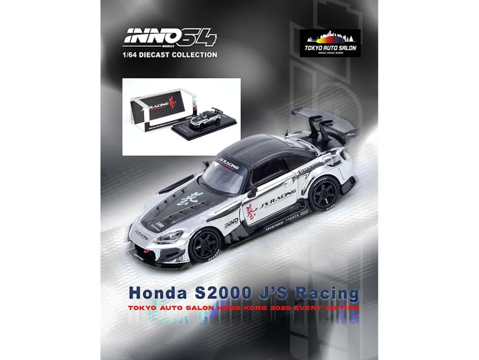 Honda S2000 RHD (Right Hand Drive) "J's Racing" Chrome Silver with Carbon Hood and Top with Graphics "Tokyo Auto Salon Hong Kong 2025 Event Edition" 1/64 Diecast Model Car by Inno Models