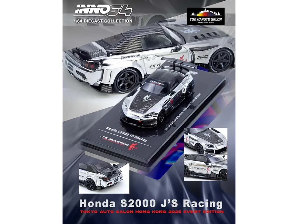 Honda S2000 RHD (Right Hand Drive) "J's Racing" Chrome Silver with Carbon Hood and Top with Graphics "Tokyo Auto Salon Hong Kong 2025 Event Edition" 1/64 Diecast Model Car by Inno Models
