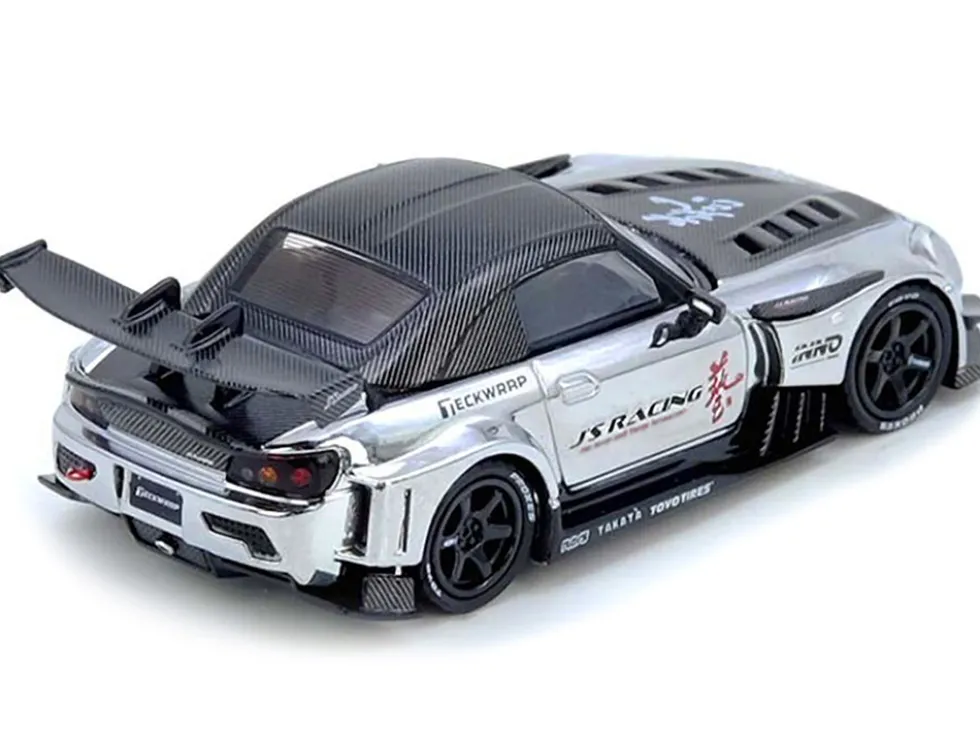 Honda S2000 RHD (Right Hand Drive) "J's Racing" Chrome Silver with Carbon Hood and Top with Graphics "Tokyo Auto Salon Hong Kong 2025 Event Edition" 1/64 Diecast Model Car by Inno Models