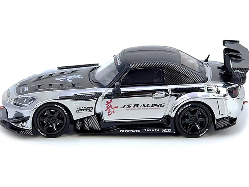 Honda S2000 RHD (Right Hand Drive) "J's Racing" Chrome Silver with Carbon Hood and Top with Graphics "Tokyo Auto Salon Hong Kong 2025 Event Edition" 1/64 Diecast Model Car by Inno Models