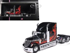 2010 International Lonestar Truck Tractor Black with Flame Graphics 1/64 Diecast Model by IXO Models