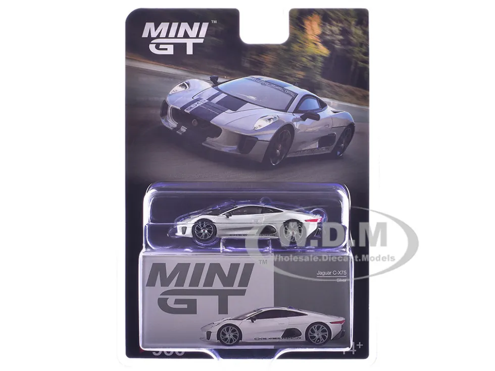 Jaguar C-X75 Silver Metallic with Blue Stripes Limited Edition 1/64 Diecast Model Car by Mini GT