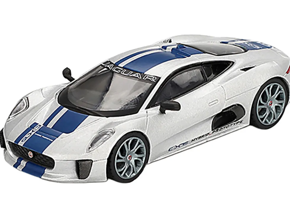 Jaguar C-X75 Silver Metallic with Blue Stripes Limited Edition 1/64 Diecast Model Car by Mini GT