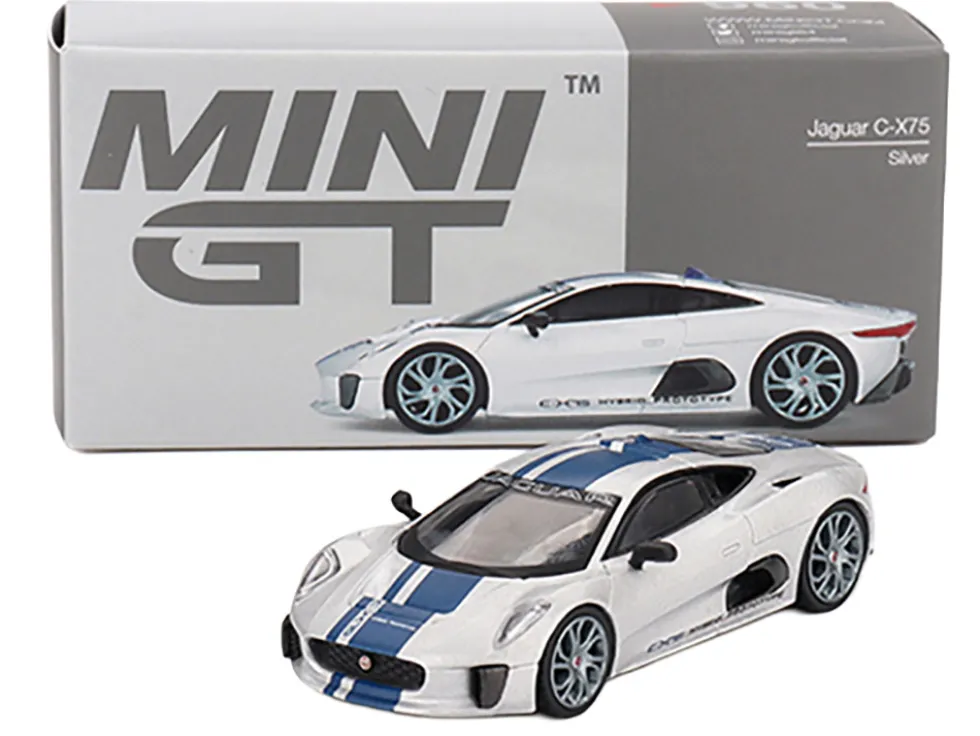Jaguar C-X75 Silver Metallic with Blue Stripes Limited Edition 1/64 Diecast Model Car by Mini GT