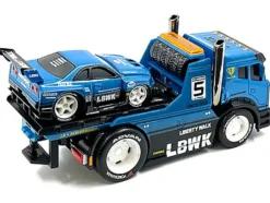 JDM Flatbed Truck #5 Blue Metallic Liberty Walk LBWK and 1999 Nissan Skyline GT R R34 #5 Blue Metallic Liberty Walk LBWK Muscle Transports Series 1/64 Diecast Models Muscle Machines 11546BL