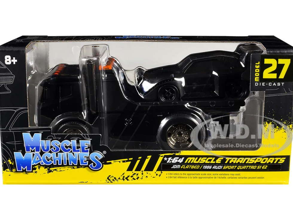 JDM Flatbed Truck Matt Black and 1986 Audi Sport Quattro S1 E2 Matt Black "Muscle Transports" Series 1/64 Diecast Models by Muscle Machines