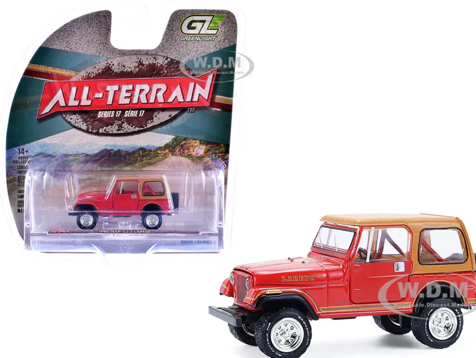 1980 Jeep CJ-7 Laredo Red with Tan Top "All Terrain" Series 17 1/64 Diecast Model Car by Greenlight