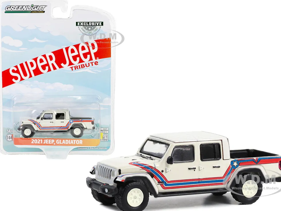 2021 Jeep Gladiator Pickup Truck Super Jeep Tribute White with Red and Blue Stripes Hobby Exclusive Series 1/64 Diecast Model Car Greenlight 30382