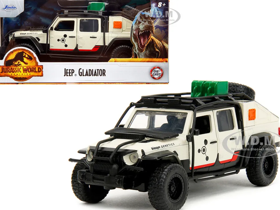 Jeep Gladiator Pickup Truck with Equipment Shell Beige with Graphics Biosyn Genetics Jurassic World Dominion 2022 Movie Hollywood Rides Series 1/32 Diecast Model Car Jada 34465