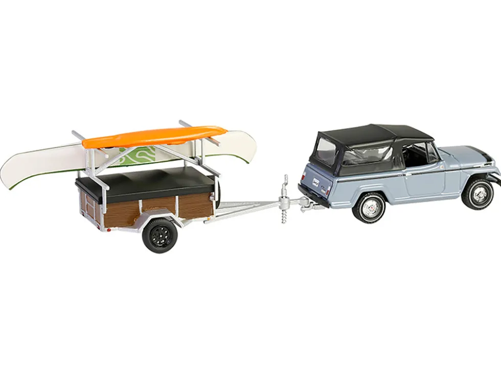 1968 Jeep Jeepster Commando SC-1 Gray with Black Stripes and Top with Canoe Trailer, Canoe Rack, Canoe and Kayak "Hitch & Tow" Series 32 1/64 Diecast Model Cars by Greenlight