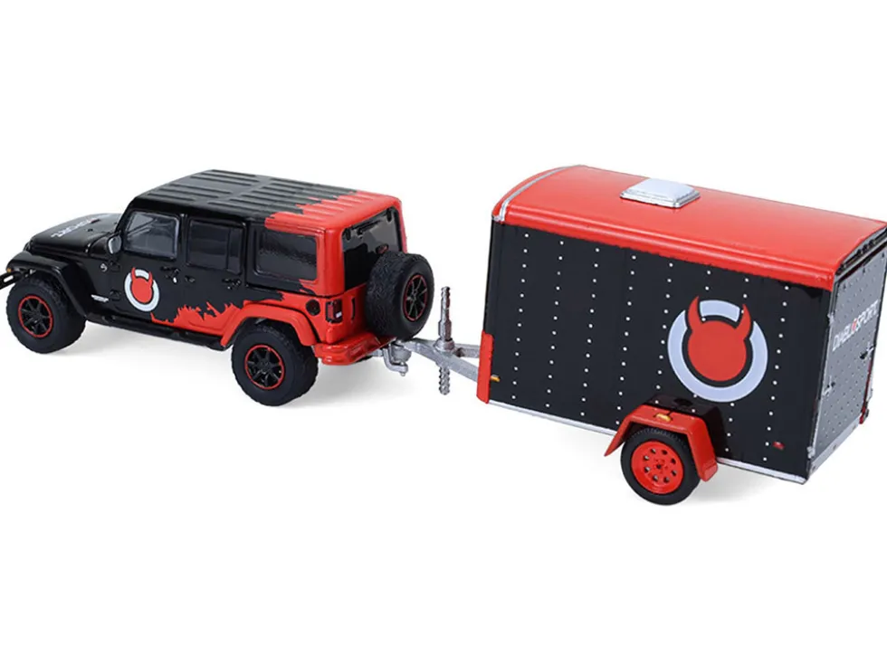 2012 Jeep Wrangler Unlimited "Diablo Sport" Black with Red Graphics and Small Cargo Trailer "Hitch & Tow" Series 33 1/64 Diecast Model Cars by Greenlight