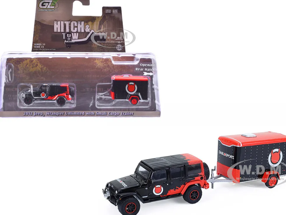 2012 Jeep Wrangler Unlimited "Diablo Sport" Black with Red Graphics and Small Cargo Trailer "Hitch & Tow" Series 33 1/64 Diecast Model Cars by Greenlight