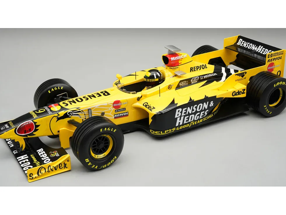 Jordan 198 #9 Damon Hill "Benson & Hedges Jordan-Honda" Winner Formula One F1 "Belgian GP" (1998) with Driver Figure and Display Case "Mythos Series" Limited Edition to 60 pieces Worldwide 1/18 Model Car by Tecnomodel
