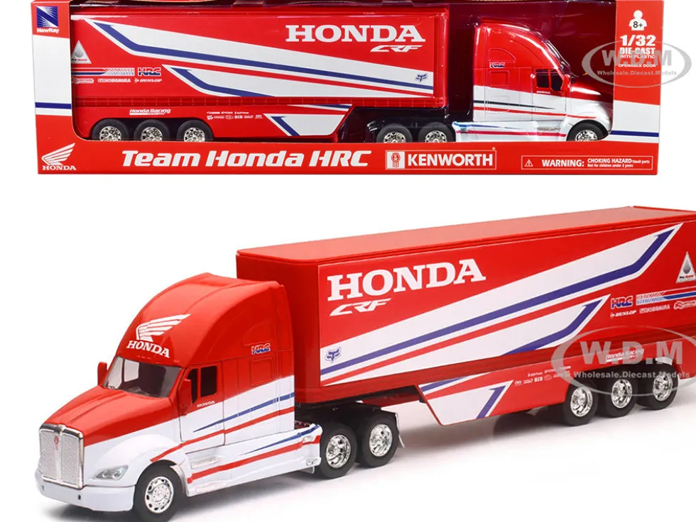 Kenworth Semi Truck Red and White Team Honda HRC 1/32 Diecast Model New Ray NR10893