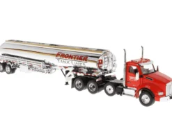 Kenworth T880 SBFA Tandem Day Cab Truck Pusher Axle Heil FD9300/DT-C4 Petroleum Tanker Trailer Frontier Tank Lines Red Chrome Transport Series Limited Edition 500 pieces Worldwide 1/50 Diecast Model Diecast Masters 64190