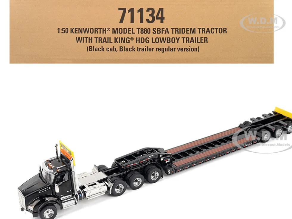 Kenworth T880 SBFA Tridem Truck with Trail King HDG Lowboy Trailer Black "Transport Series" 1/50 Diecast Model by Diecast Masters