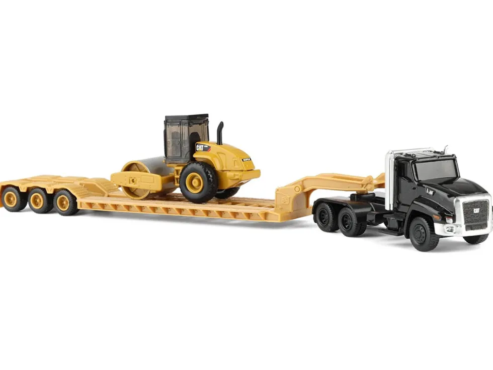 Kenworth T880 Tractor Black with Lowboy Trailer and CAT Roller Yellow 1/87 (HO) Diecast Model by Diecast Masters