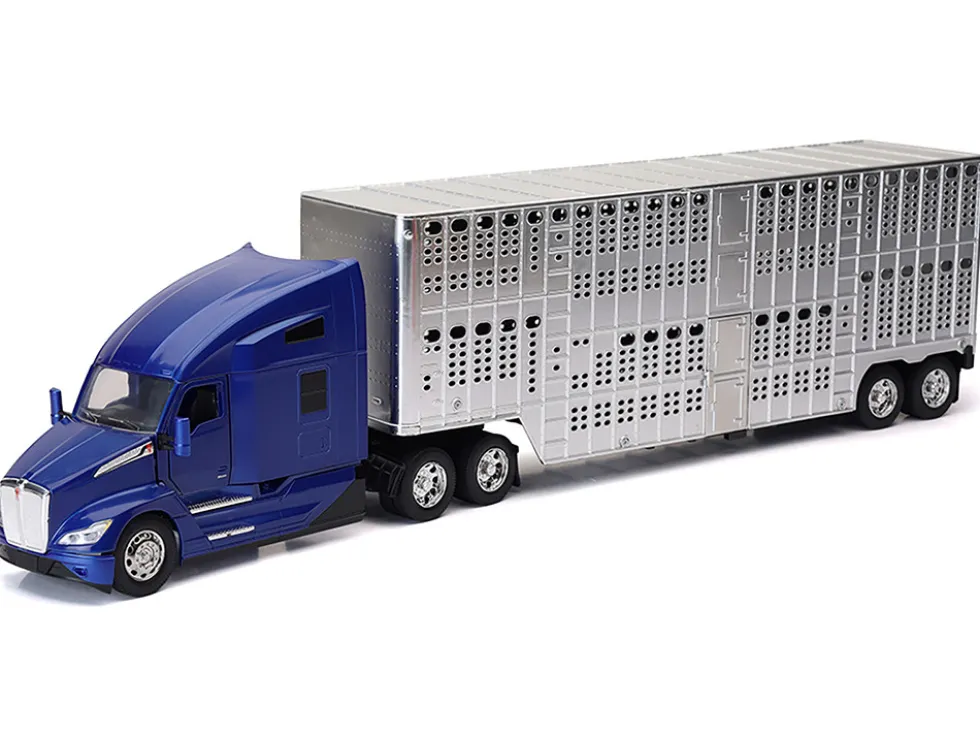 Kenworth T680 Truck Blue Metallic with Livestock Trailer Chrome "Long Haul Trucker" Series 1/32 Diecast Model by New Ray