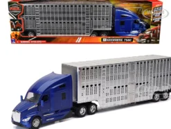 Kenworth T680 Truck Blue Metallic with Livestock Trailer Chrome "Long Haul Trucker" Series 1/32 Diecast Model by New Ray