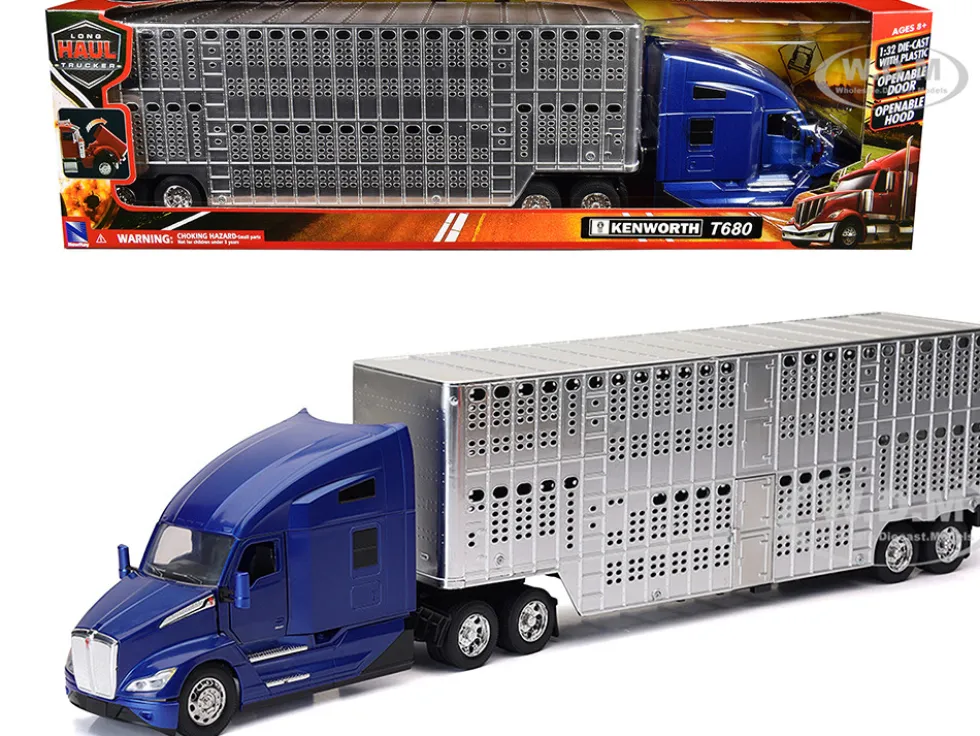 Kenworth T680 Truck Blue Metallic with Livestock Trailer Chrome "Long Haul Trucker" Series 1/32 Diecast Model by New Ray