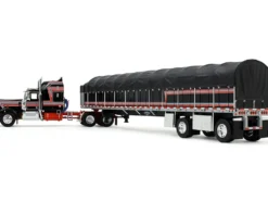 Kenworth W900A with 60" Aerodyne Sleeper and 53’ Wilson Roadbrute Flatbed Trailer with Covered Wagon Black with Red Stripes 1/64 Diecast Model by DCP/First Gear