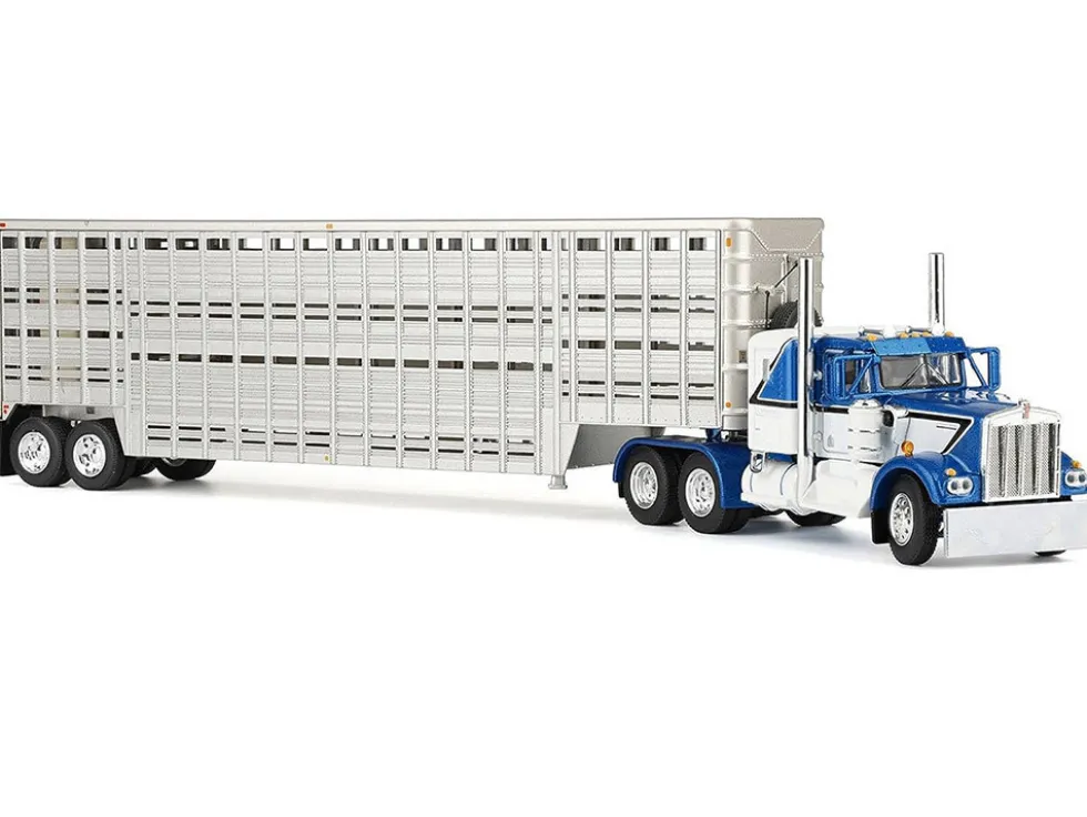 Kenworth W900A with 36" Sleeper and 45' Wilson Vintage Livestock Trailer Mariner Blue and White with Silver Trailer 1/64 Diecast Model by DCP/First Gear